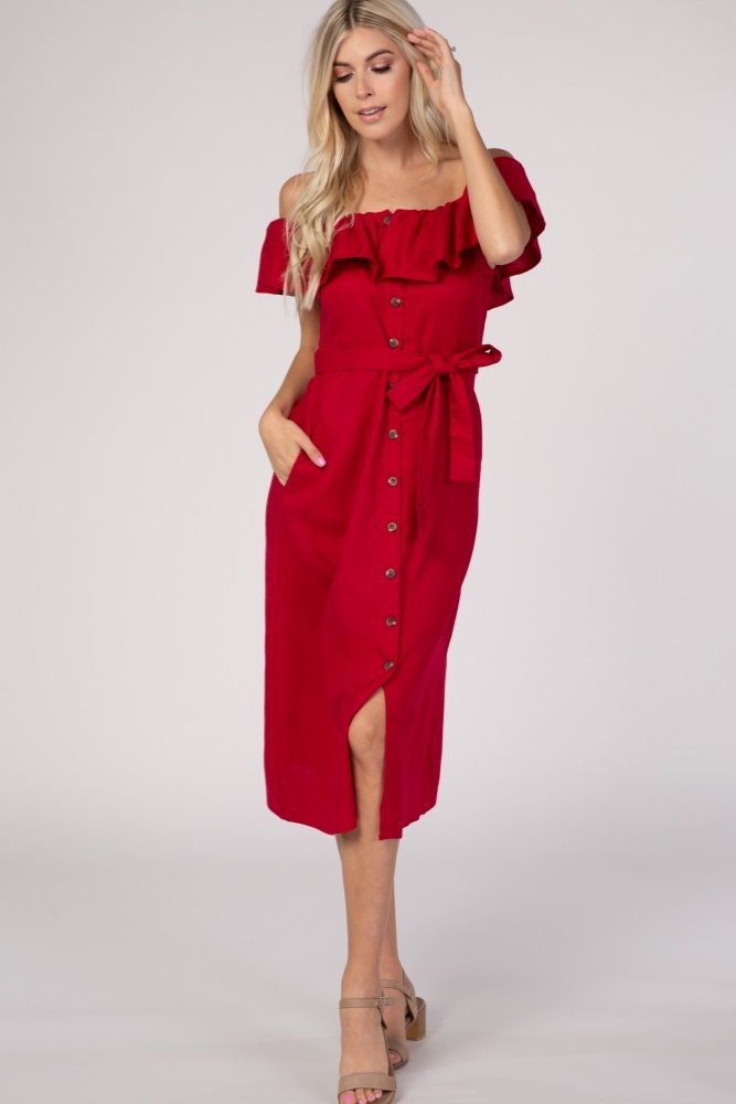 Red Off the Shoulder Button Down Tied Waist Dress | PinkBlush Maternity