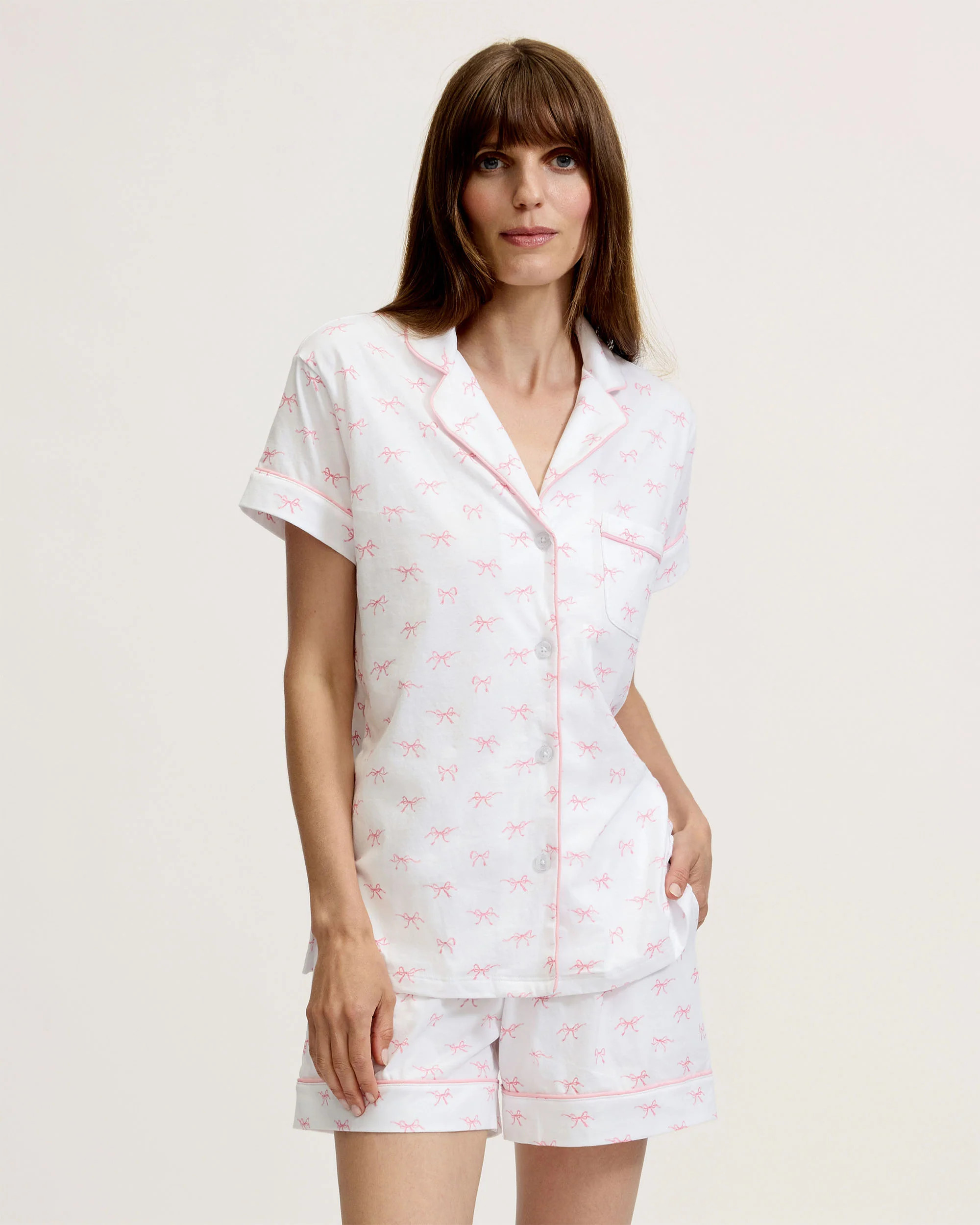 Women's Pima Short Sleeve Short Set in Blushing Bows | Petite Plume
