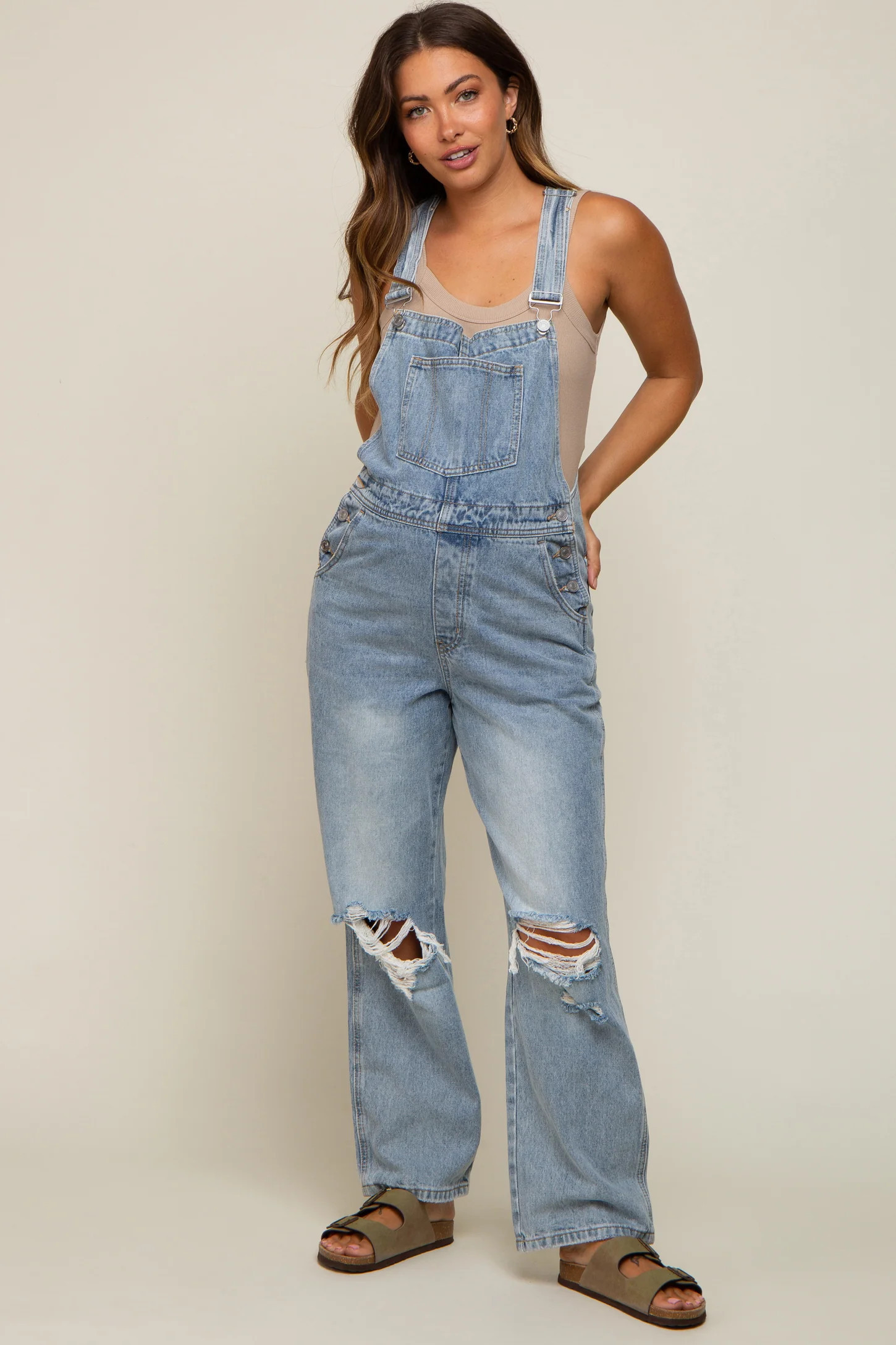 Light Wash Distressed Maternity Overalls | PinkBlush Maternity