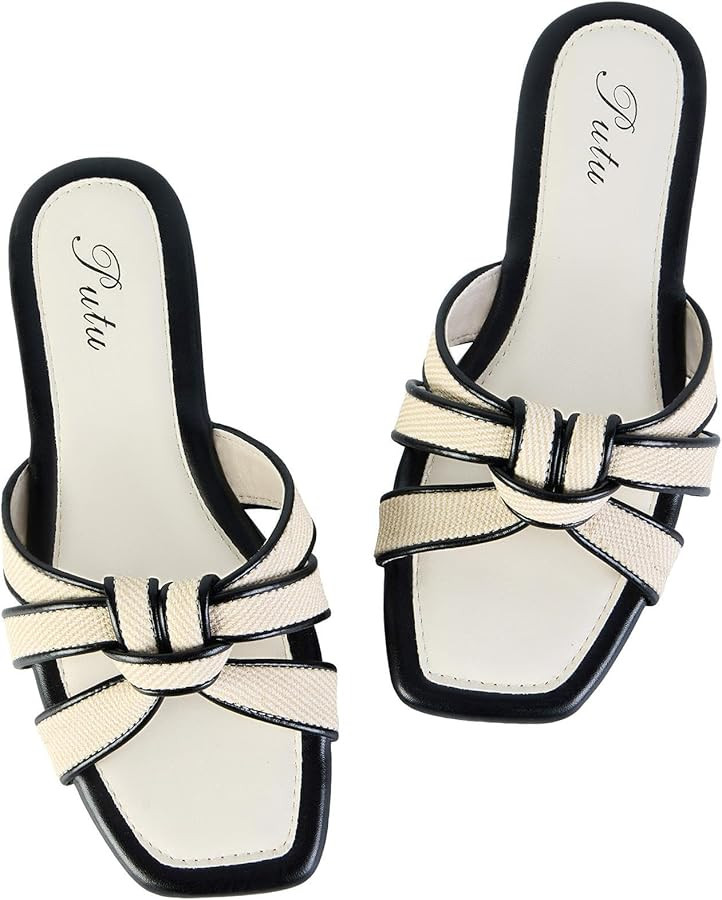 Putu Women's Flat Sandals Square Toe Slide Sandals Braided Sandals for Vacation | Amazon (US)