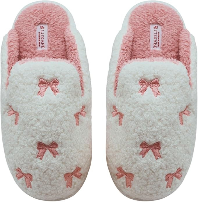 Bow Slippers Coquette Pink Slippers Memory Foam Cute Plush Fluffy Warm Fur slippers Indoor House ... | Amazon (US)