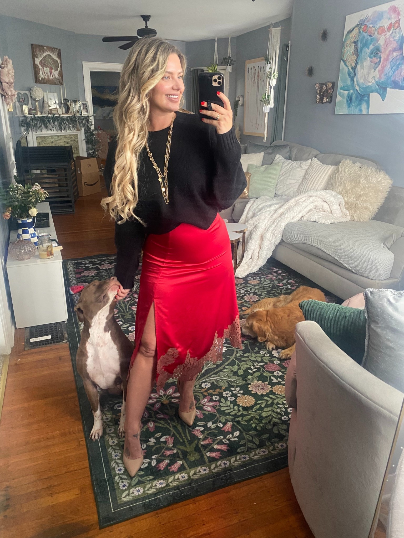 Cute outfit for the holidays! Love this midi lace silk anthropology skirt. 

#LTKHoliday #LTKFindsUnder100 #LTKootd