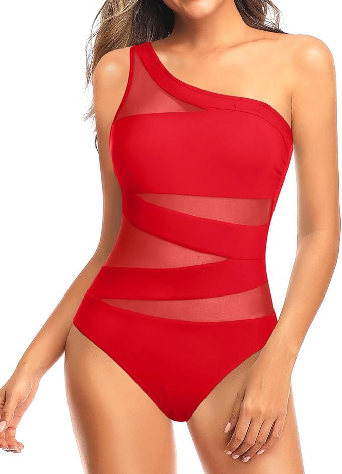 Tempt Me Women One Piece Swimsuit One Shoulder Bathing Suits Cutout Mesh Swimwear | Amazon (US)