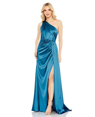 Mac Duggal Women's Gathered One Shoulder Satin Faux Wrap Gown - Macy's | Macy's