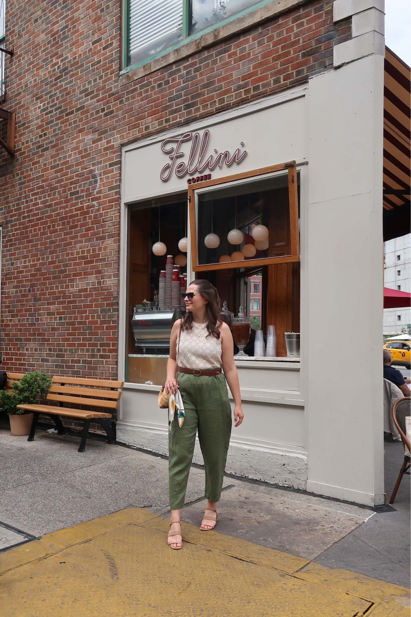 Love this summery look! Linen pants paired with an eyelet tank top from Sezane. I accessorized with a round rattan purse, nude heels and a brown belt  

#LTKStyleTip #LTKFindsUnder100