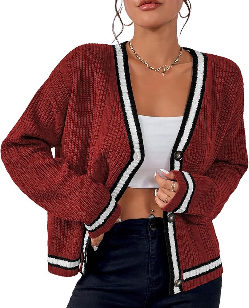 Womens Open Front Cardigan Button Down Striped Sweater Casual Loose Fitting V Neck Knit Coat | Amazon (US)