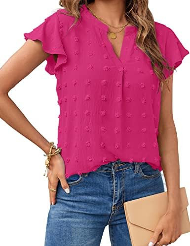 MEROKEETY Women 2023 Summer V Neck Ruffle Short Sleeve Blouse Swiss Dot Flowy Shirt Tunic Top | Amazon (US)