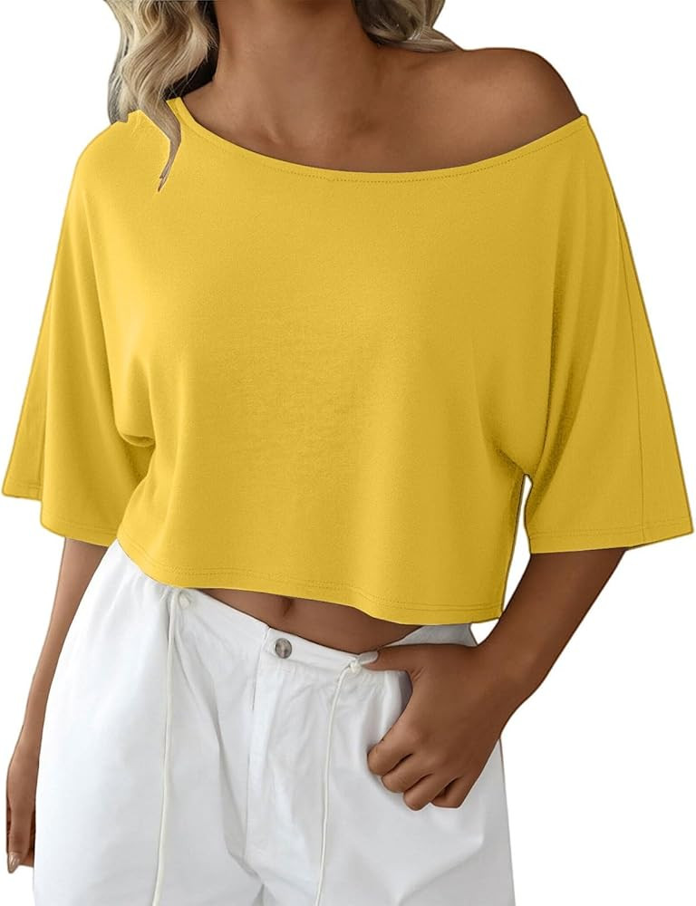 Women's Short Sleeve Crop Tops Casual Boat Neck T-Shirts Lightweight Summer Off Shoulder Blouses ... | Amazon (CA)