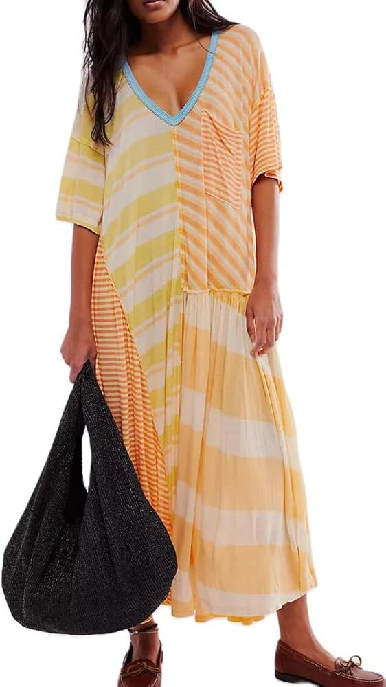Striped Maxi Tshirt Dress for Women Casual Half Sleeve Fall Dress 2024 Color Block Patchwork T Sh... | Amazon (US)