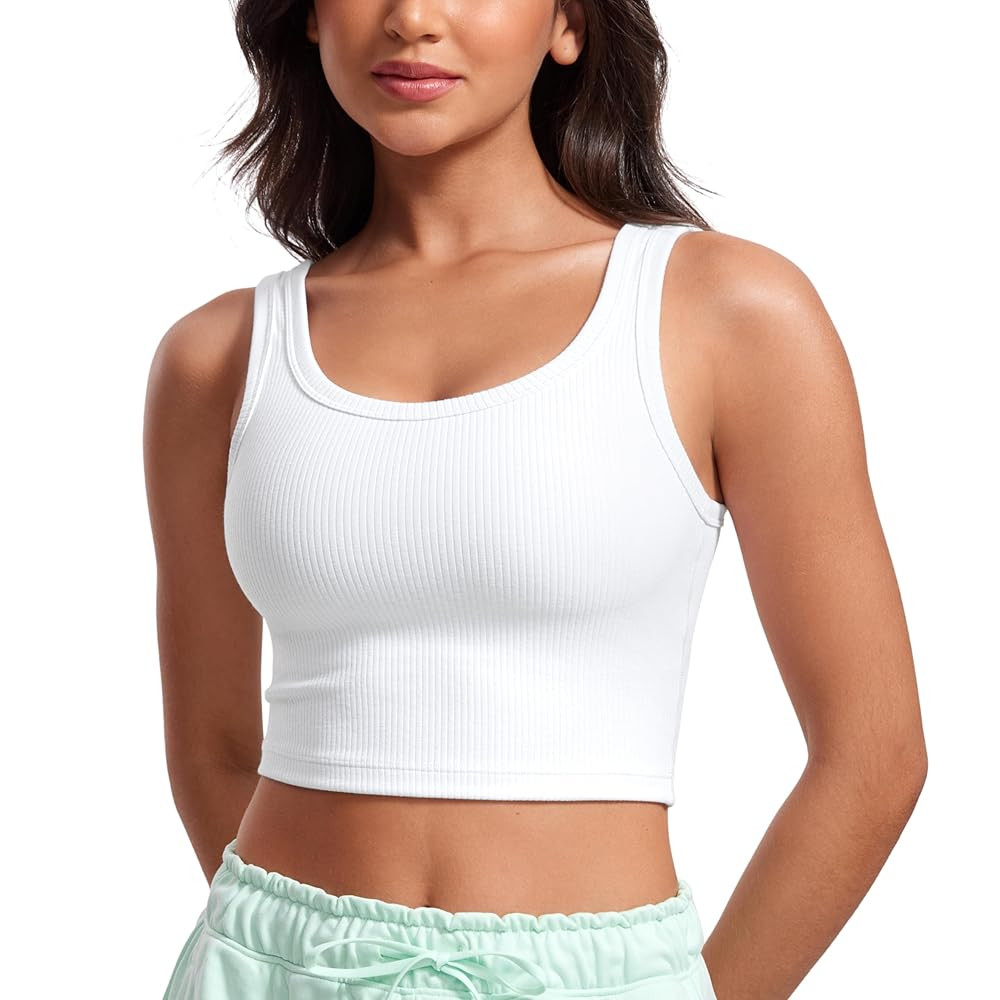 CRZ YOGA Womens Ribbed Longline Sports Bra - U Neck Padded Yoga Cami Workout Crop Tank Top Built ... | Amazon (US)