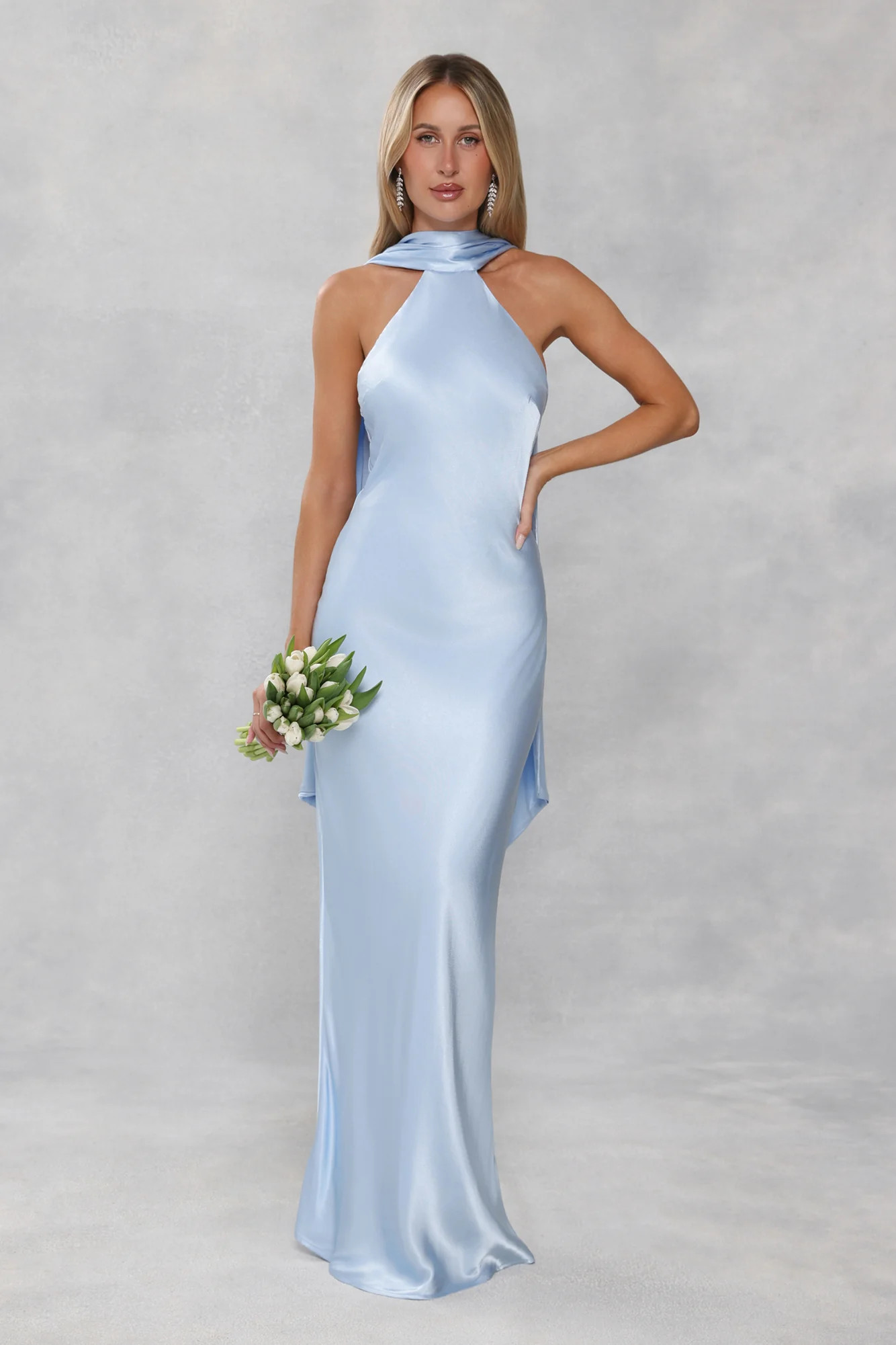 The Vivia Halter Satin Maxi Dress Light Blue | Hello Molly (US)