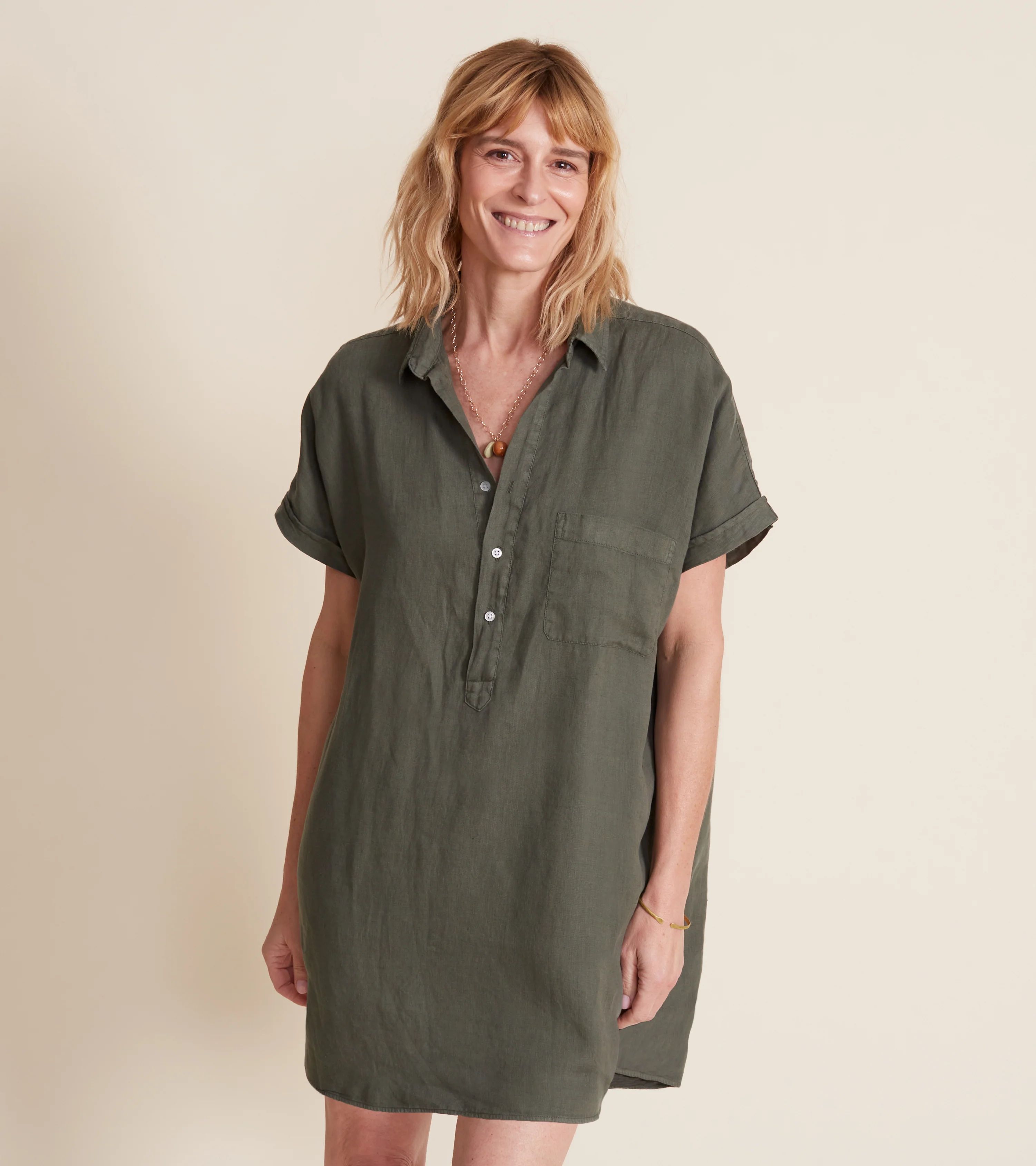 The Artist Short Sleeve Dress Army Green, Tumbled Linen | Grayson
