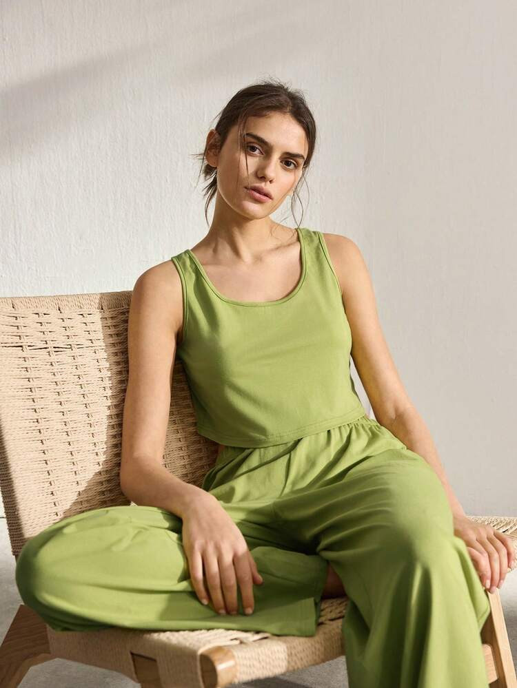 Ocili Women's Solid Color Crew Neck Sleeveless Top And Wide Leg Pants Casual Loungewear Set | SHEIN