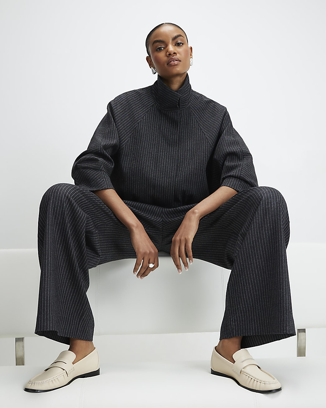 Grey Pinstripe Funnel Neck Bomber Jacket | River Island UK & IE