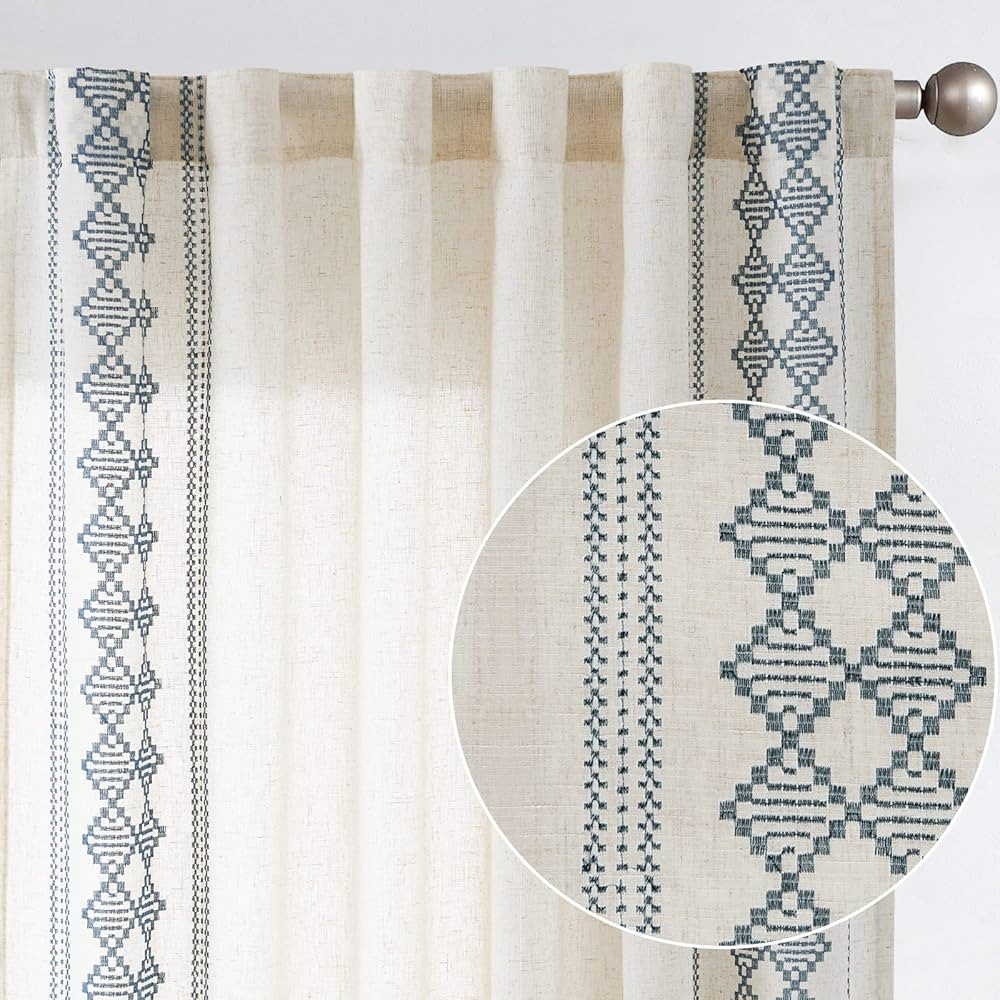 jinchan Boho Curtains Linen Curtains Beige Farmhouse Curtains 63 Inches Long for Living Room Blue... | Amazon (US)