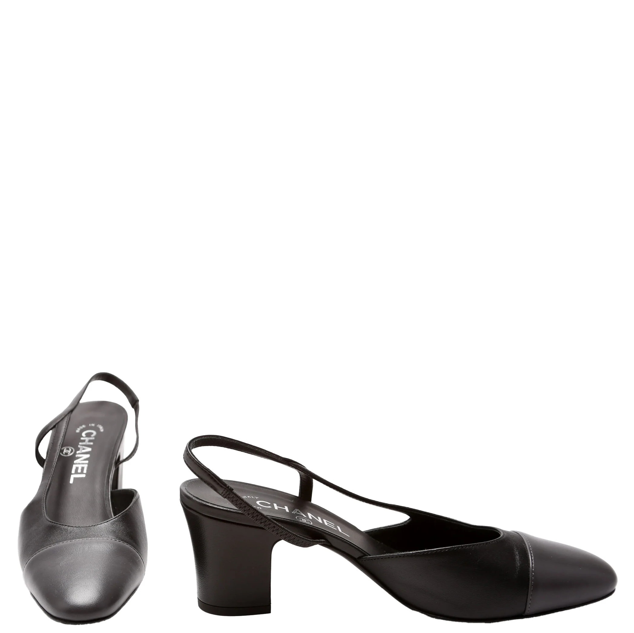 Cap Toe CC Slingback Lambskin Size 37.5 Black | Keeks Designer Handbags