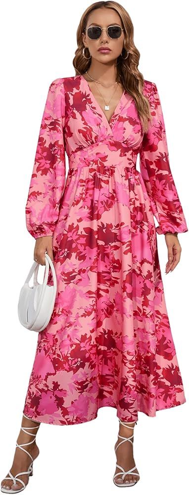 SweatyRocks Women's Floral Print V Neck Long Lantern Sleeve Dress Boho A Line Maxi Dresses | Amazon (US)