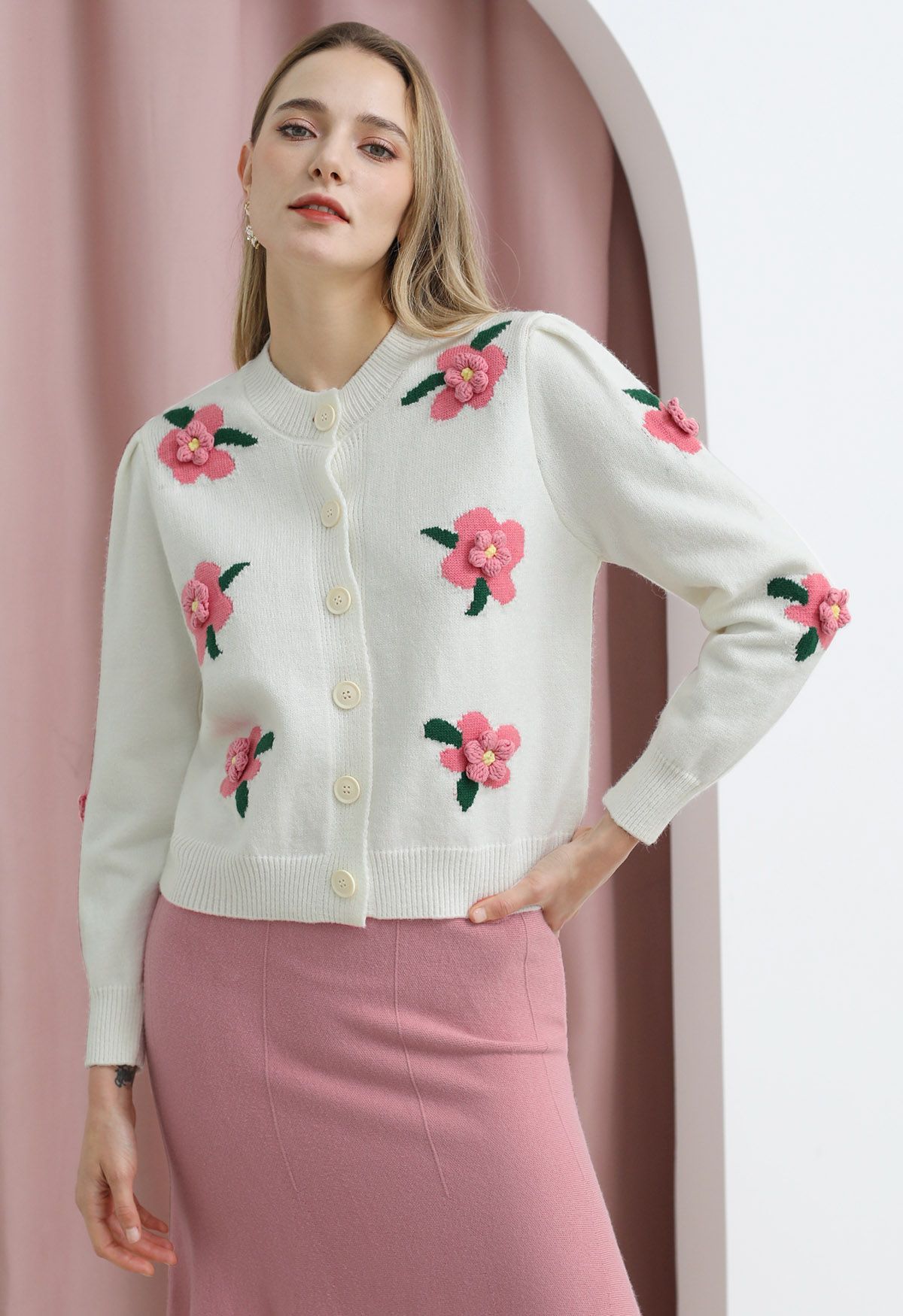 3D Stitch Flower Embroidered Button Down Cardigan in White | Chicwish