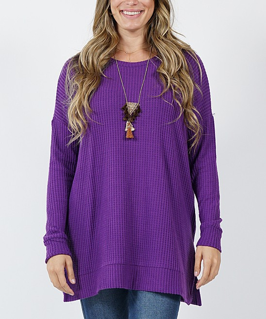 Purple Crewneck Long-Sleeve Waffle Knit Side-Slit Sweater - Plus | zulily