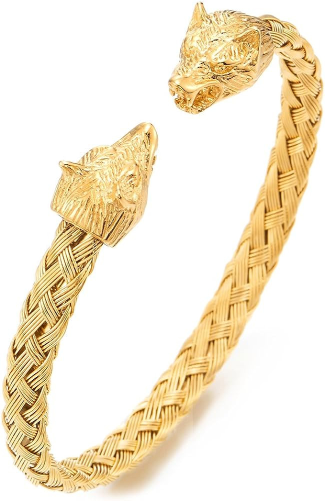 COOLSTEELANDBEYOND Mens Wolf Head Bracelet Steel Braided Cable Bangle Cuff Bracelet Polished, Adj... | Amazon (US)