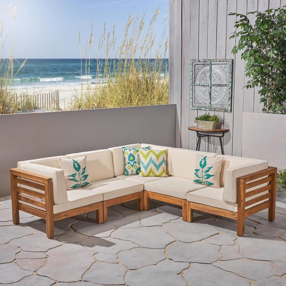 Noble House Jonah Teak 5-Piece Wood Outdoor Sectional with Beige Cushions | The Home Depot