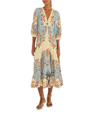 Boho Beauty Butter Linen Blend V-Neckline 3/4 Scallop Hem Maxi Dress | Dillard's
