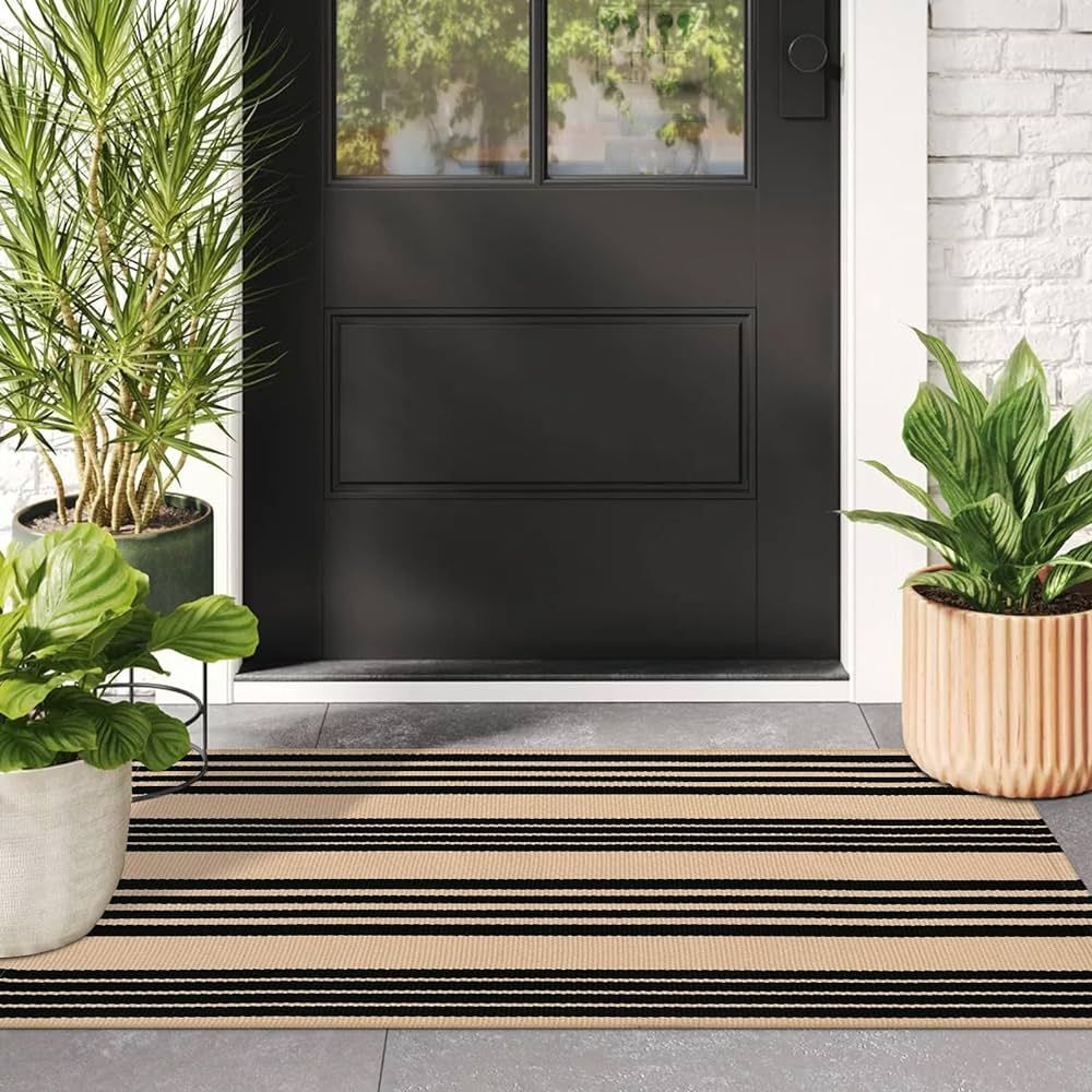 Black and Tan Striped Outdoor Rug, 2’ x 4.3’ Cotton Hand-Woven Reversible Front Porch Rug Was... | Amazon (US)