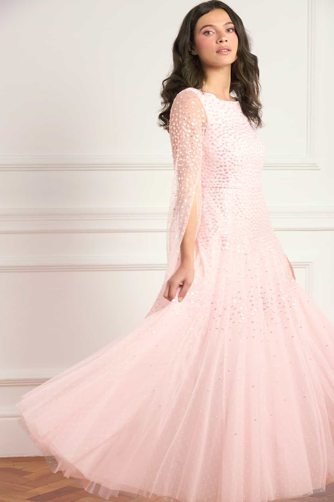 Sunrise Sequin Cape Sleeve Ankle Gown | Needle & Thread