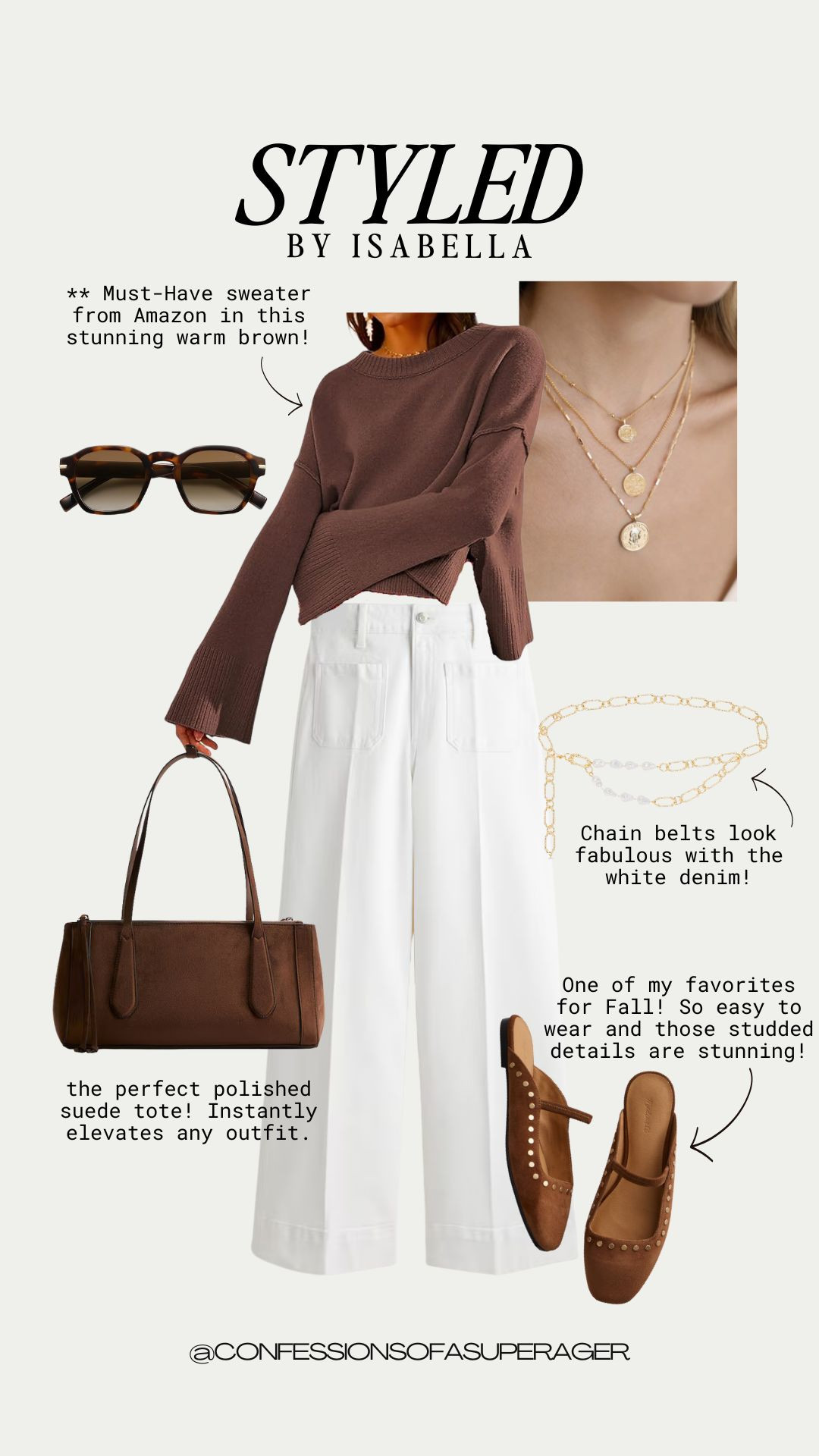 🤎 Fall neutrals done right 🤎 This warm brown Amazon sweater is such a must-have for fall layering 🍂. I paired it with crisp white denim, a chic chain belt, and the most polished suede tote (instantly elevates every outfit!). These studded flats are one of my favorite fall shoe finds—stylish, comfy, and so easy to wear ✨

#falloutfitideas #amazonfashionfinds #ltkfallstyle #ltkfashion #fallcapsulewardrobe #ltkfalloutfits #ltkstyleinspo #confessionsofasuperager 

 

#LTKOver40 #LTKSaleAlert #LTKFindsUnder50