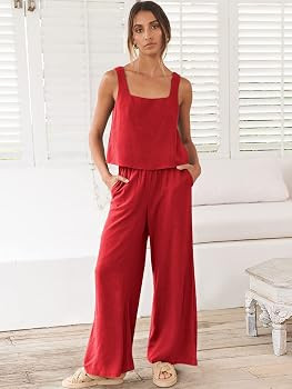 ANRABESS Women's 2 Piece Outfits Linen Pants Jumpsuit Matching Lounge Set Casual Summer Beach Vac... | Amazon (US)