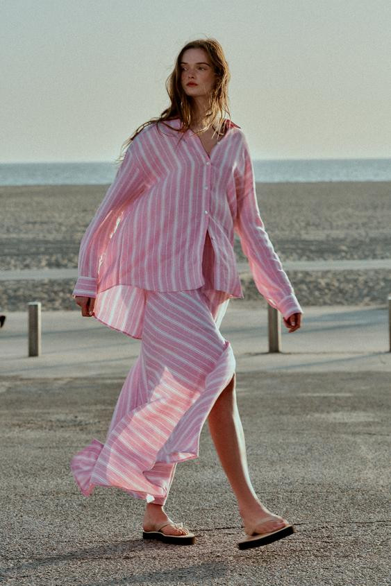 Zara - Oversized Striped Linen Shirt - Pink / White - L - Woman | Zara US