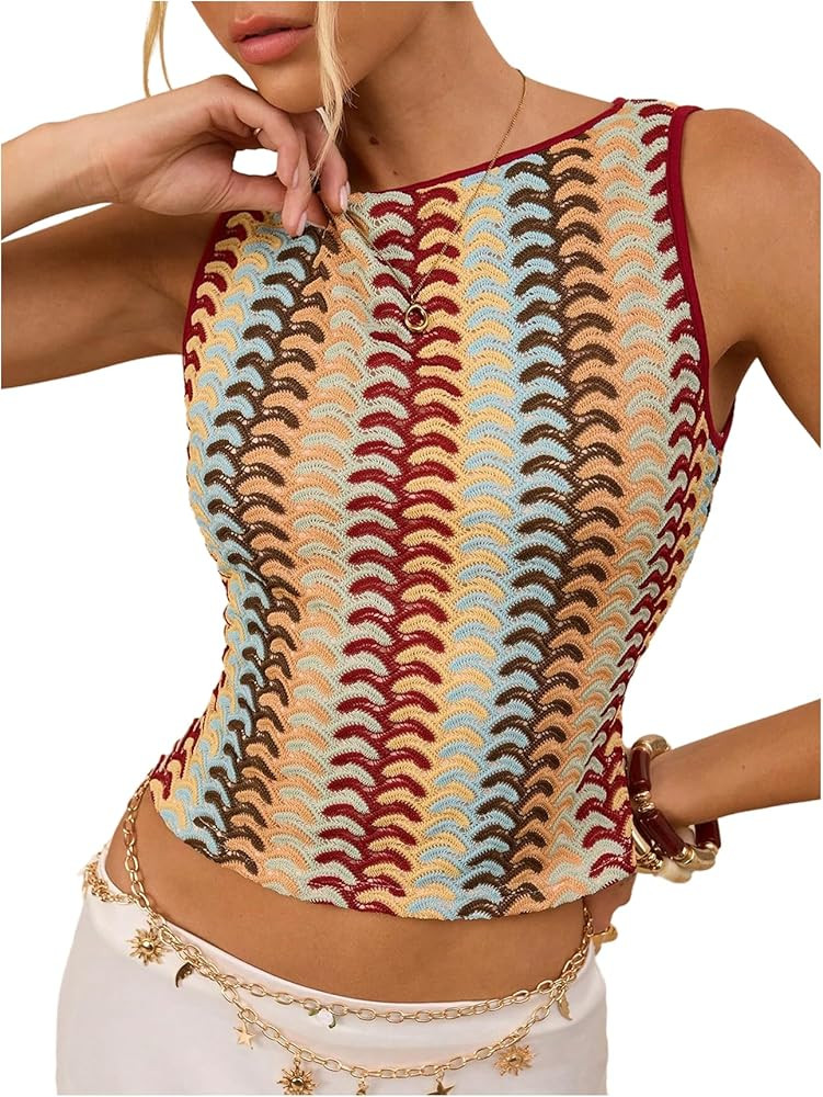 GORGLITTER Women's Crochet Tank Tops Boho Summer Vacation Going Out Outfits Sleeveless Colorblock... | Amazon (US)