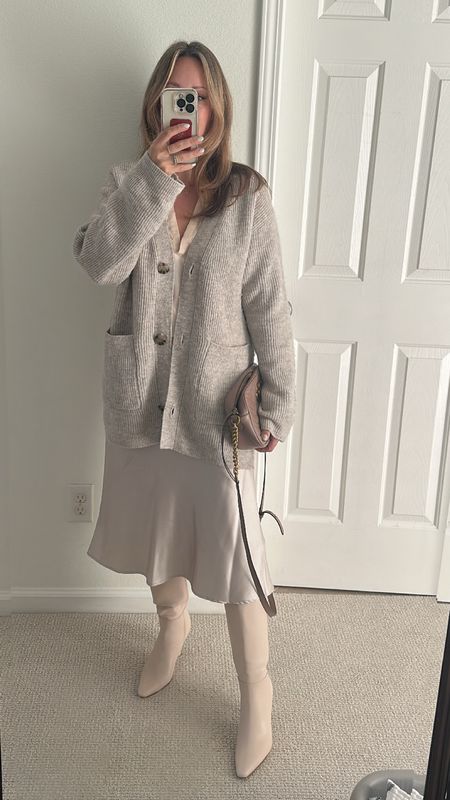 Tonal outfit silk skirt boots cardigan cream outfit fall outfit Inspo boots on sale 

#LTKxNSale #LTKSeasonal