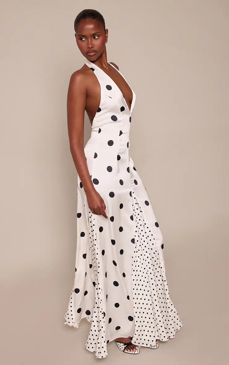 White PrettyLittleThing Contrast Polka Dot Halterneck Maxi Dress | Boohoo | Boohoo.com (UK & IE)