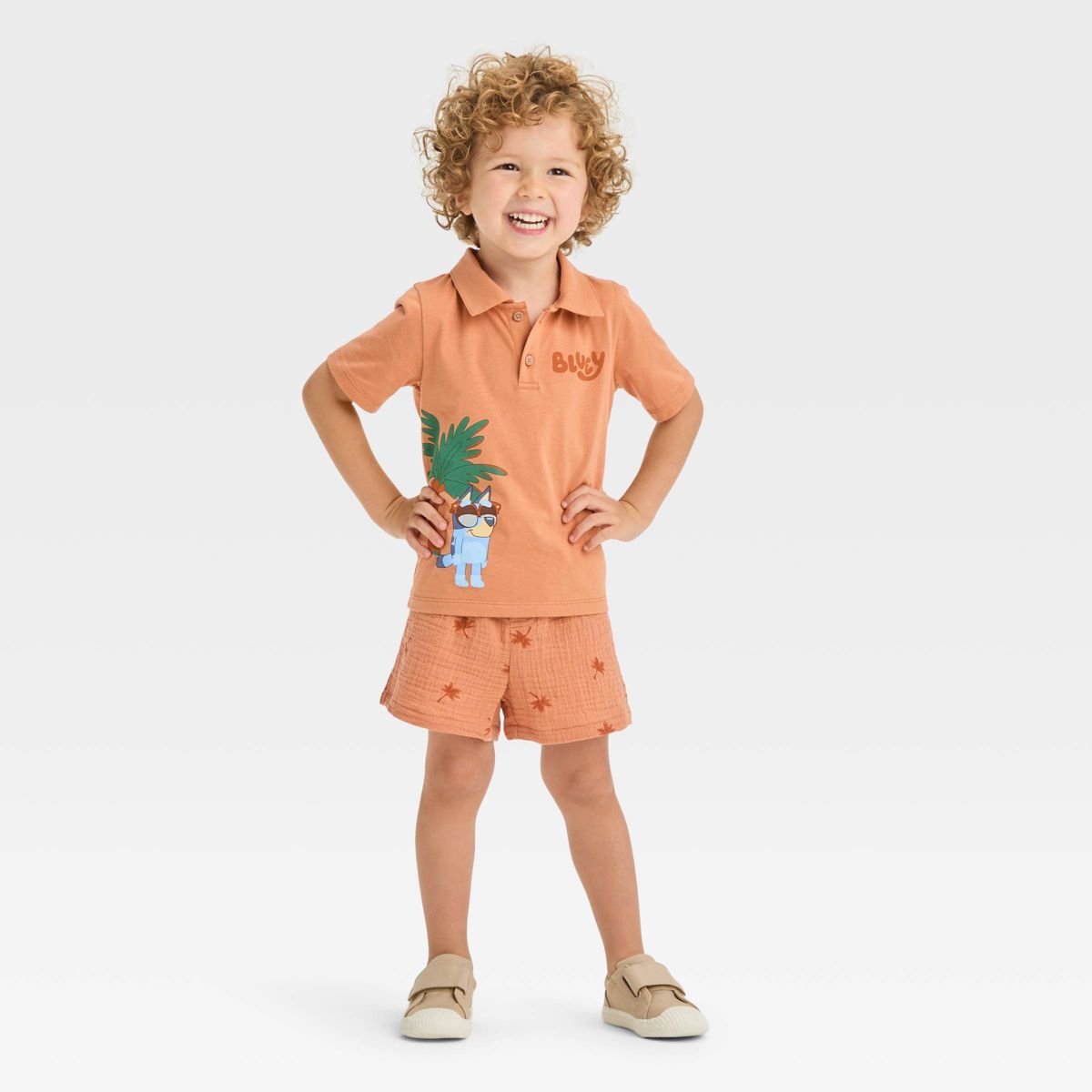 Toddler Boys' Bluey Gauze Polo Top and Shorts Set - Brown 2T | Target