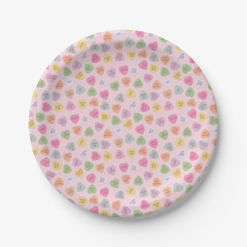 Colorful Conversation Hearts Paper Plates | Zazzle