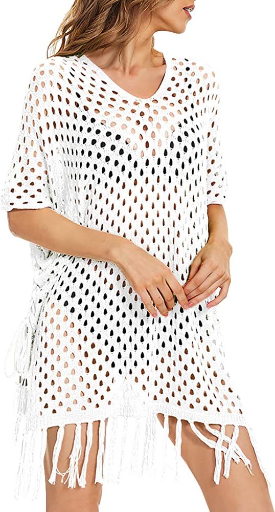 GUTPOINT Womens Beach Coverups Short Sleeve Crochet Hollow Out Tassel Swimsuit Cover Up Outfits D... | Amazon (US)