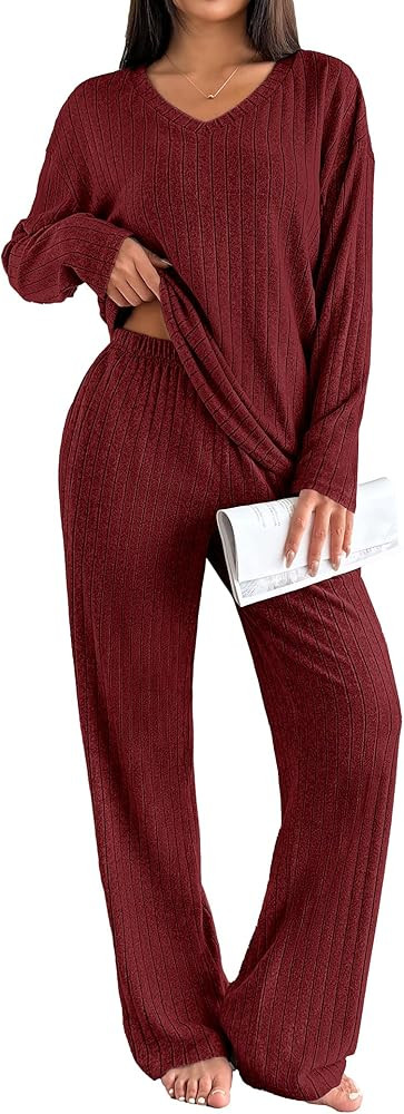 Ekouaer Lounge Sets for Women Long Sleeve Knit Ribbed Pajama Sets 2 Piece Casual Loungewear with ... | Amazon (US)