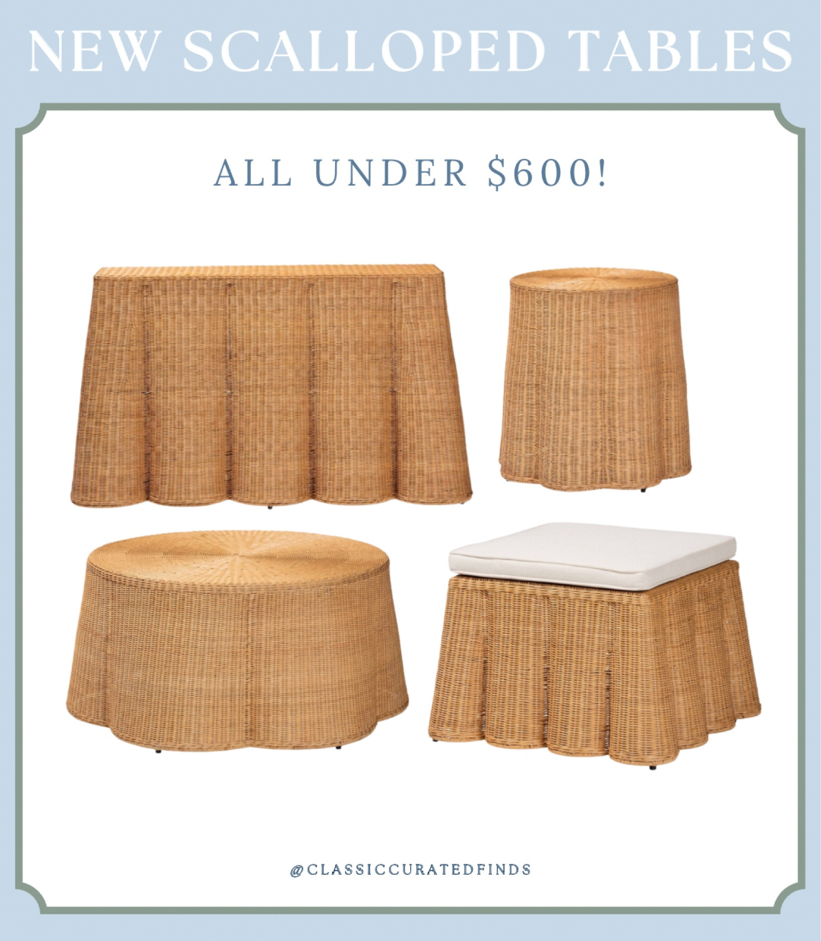 New high end dupe scalloped table options all under $600!!!!🤩🙌🏻

Home Decor, Grandmillennial, Rattan, Designer Dupe, Look for Less, Scalloped Rattan, Coffee Table, Side Table, Ottoman, Console Table, Coastal Home

#LTKhome