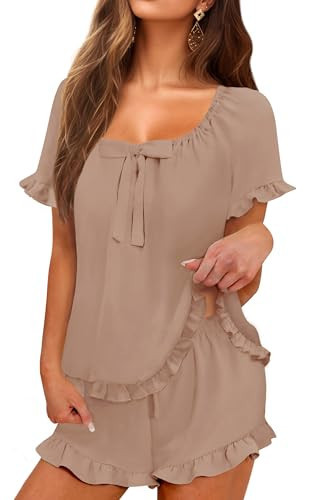 KFUBUO Womens Pajamas Set 2 Piece Ruffle Pj Soft Short Sleeve Tops and Shorts Sleepwear Set Cute Pajama Sets for Women Camel | Amazon (US)