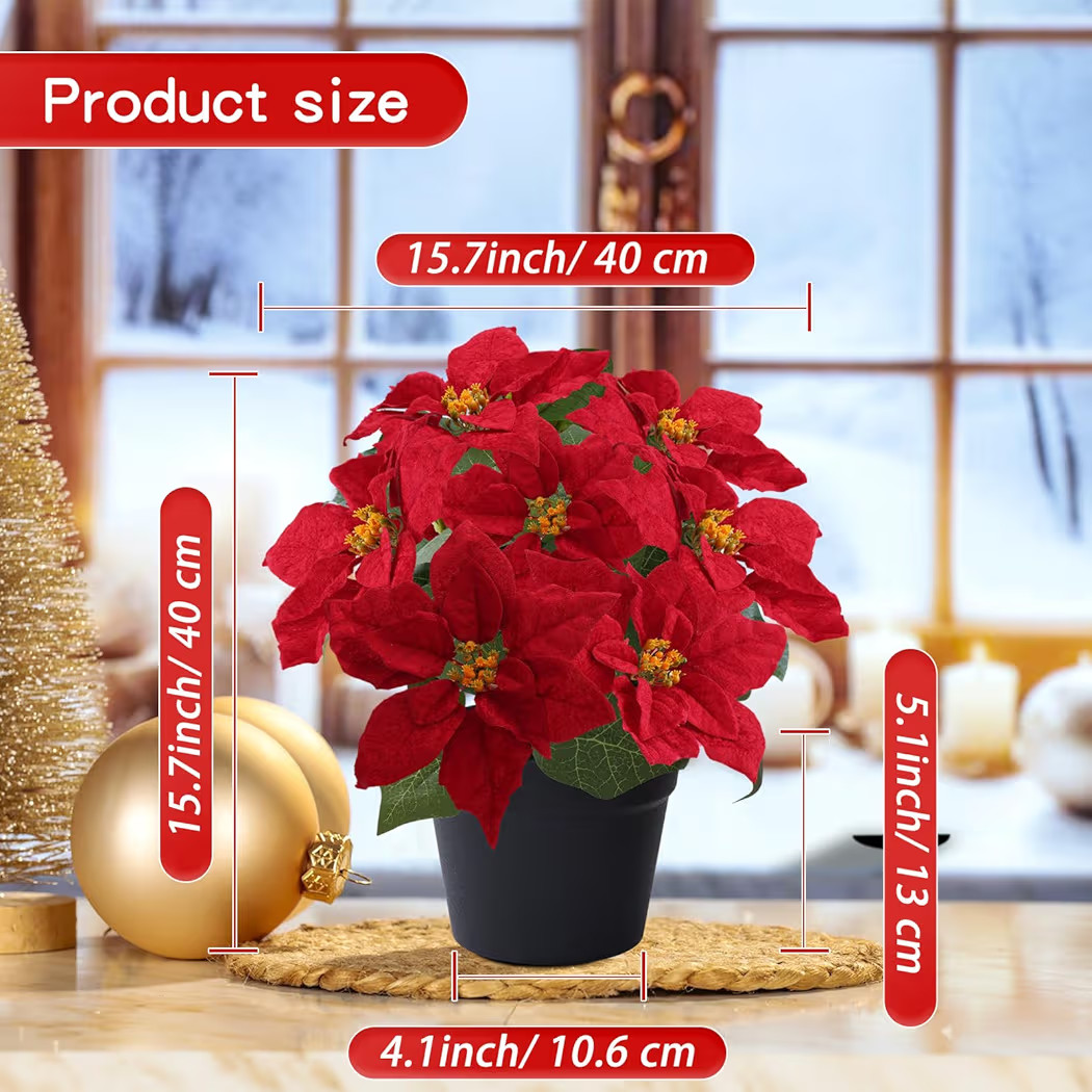 Poinsettia Artificial Christmas Flowers in Pot 9 Heads,15.7 Inch Large Fake Poinsettias Plants fo... | Amazon (US)