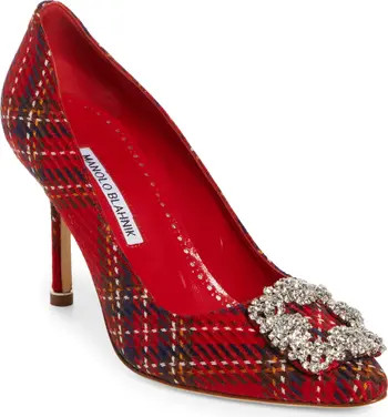 Manolo Blahnik Hangisi Crystal Buckle Pointed Toe Virgin Wool Pump (Women) | Nordstrom | Nordstrom