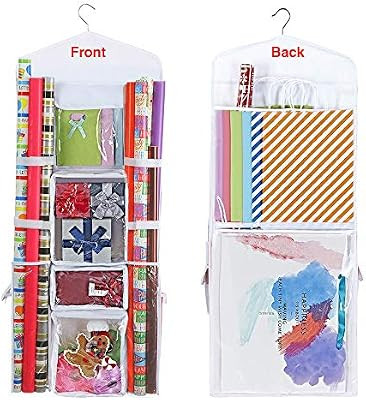Hanging Gift Wrapping Paper Storage Organizer Bag, Double Sided Multiple Front & Back Pockets Org... | Amazon (US)