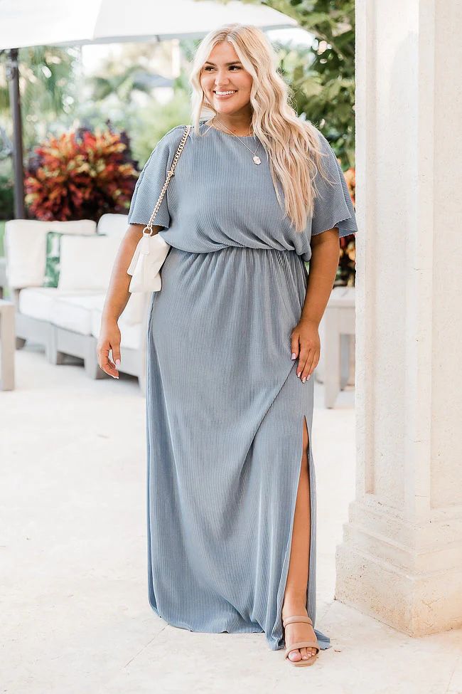 I Almost Do Dusty Blue Plisse Short Sleeve Maxi Dress | Pink Lily