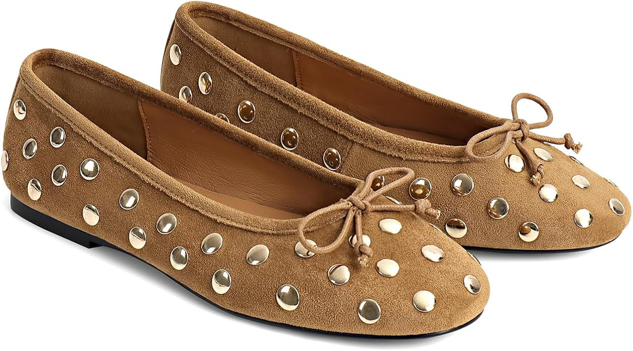 SOVANYOU Women's Studded Mary Jane Ballet Flats Closed Round Toe Flat with Bow Slip on Ballerina ... | Amazon (US)