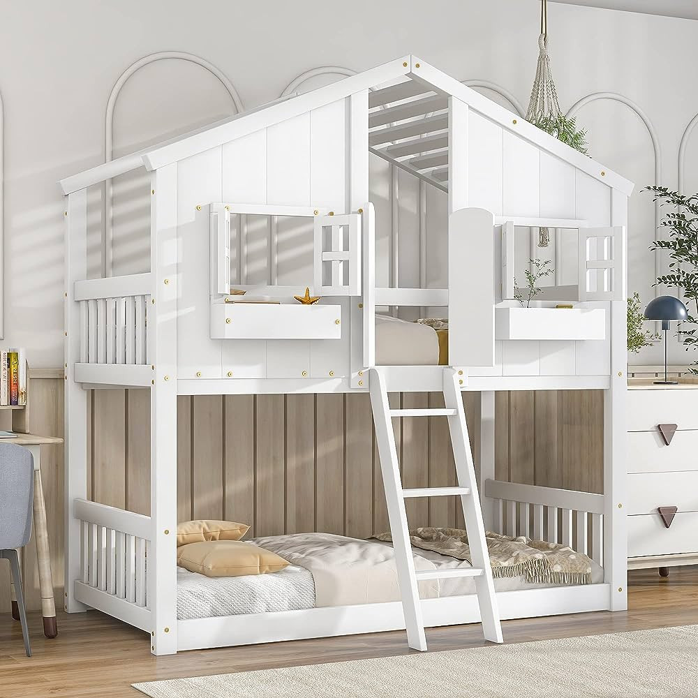 ERYE Twin Over Twin House Bunk Bed with Roof,Window, Window Box and Window Door,Twin Size Wooden ... | Amazon (US)