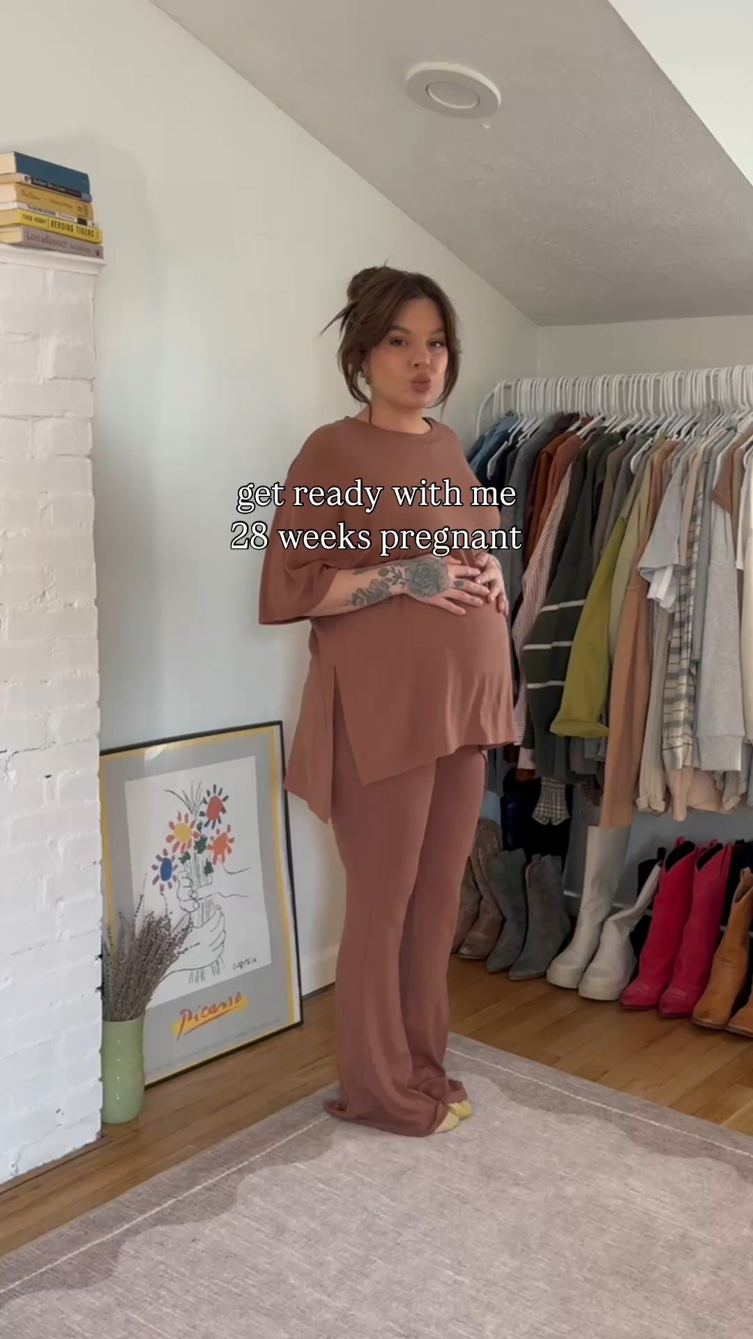 IF THE DRESS LINK DOESNT WORK - ITS CALLED *IVORY FLORAL POINTETTE* 

28 WEEKS TODAY 🥹💛🫶🏼 OUTFIT DETAILS BELOW!! 

wearing a size medium in the dress !! use code MARIA15 for anything off of PinkBlushMaternity!! 

size medium in the cardigan

size large in the foxy kind set in the beginning! 

docs are old and sold out in this color - and bag is thrifted! 