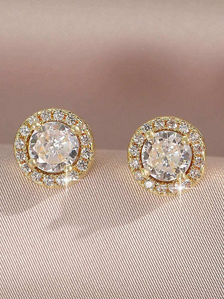 1 Pair Round Cubic Zirconia Decor Stud Earrings For Women Wedding Dresses Dating Gift | SHEIN