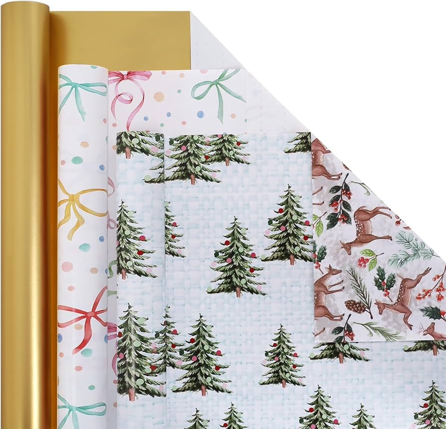 LaRibbons Christmas Wrapping Paper Rolls, Classic Deer, Christmas Tree/Solid Gold/Bow Design with... | Amazon (US)