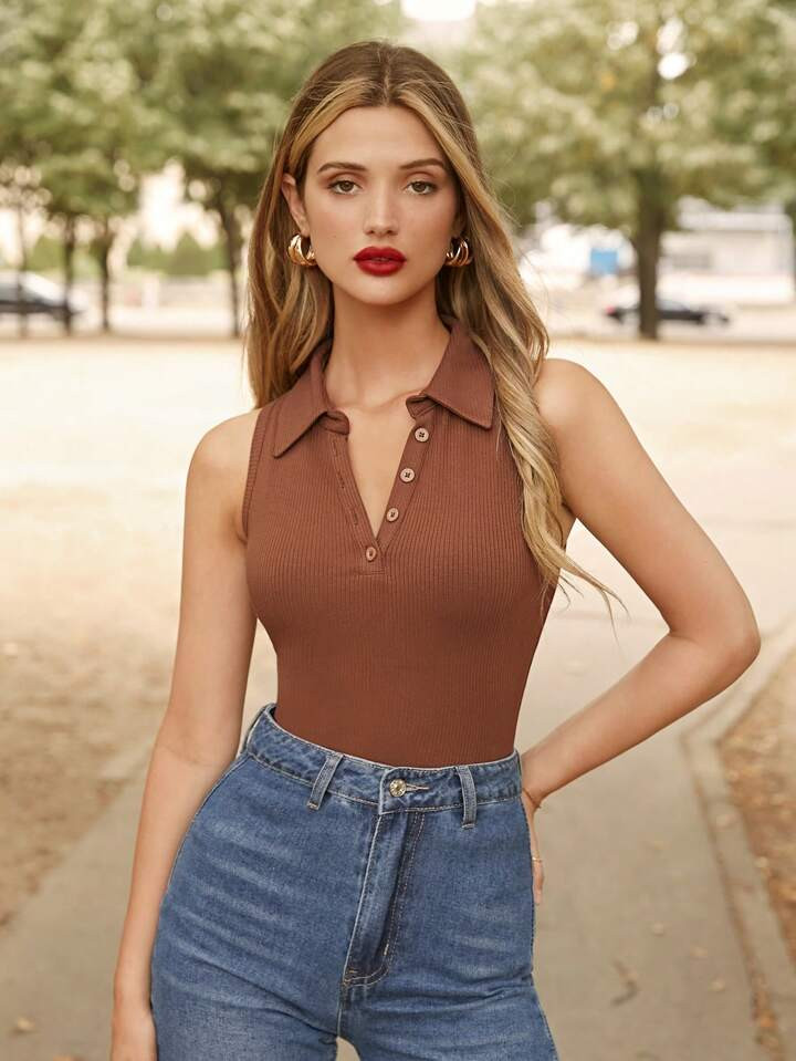 SHEIN Frenchy Half Button Placket Ribbed Knit Tank Top | SHEIN